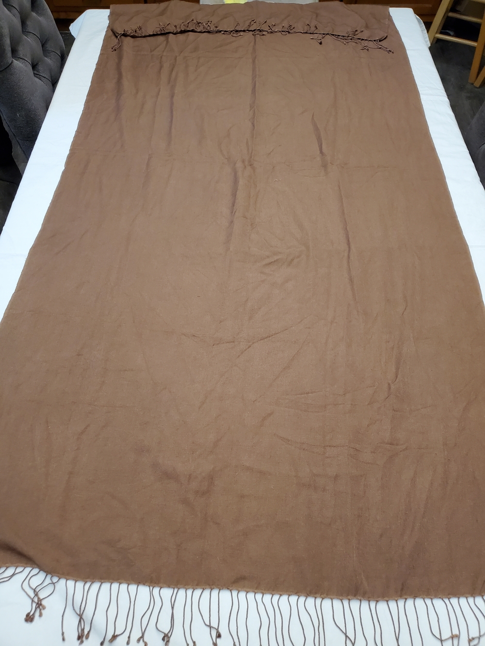 Neutral Brown Fringe Scarf Wrap Shawl Minimalist Boho Textile Large Wrap Table